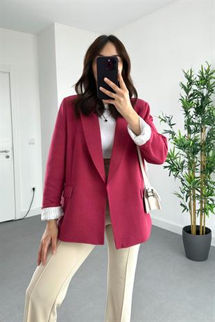Bordo Keten Astarlı Çizgi Detaylı Blazer Ceket