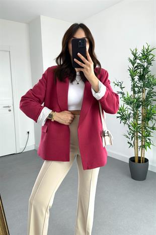Bordo Keten Astarlı Çizgi Detaylı Blazer Ceket