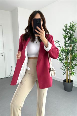 Bordo Keten Astarlı Çizgi Detaylı Blazer Ceket