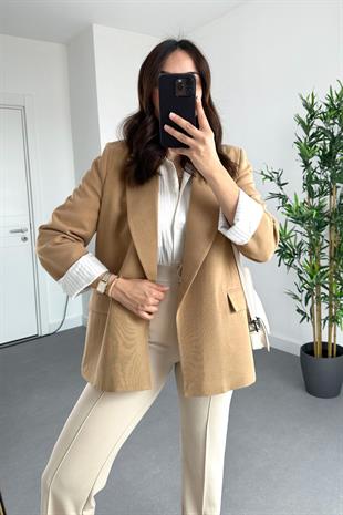 Camel Keten Astarlı Çizgi Detaylı Blazer Ceket