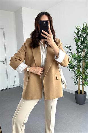 Camel Keten Astarlı Çizgi Detaylı Blazer Ceket