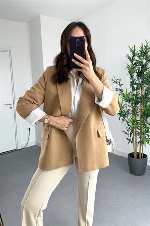 Camel Keten Astarlı Çizgi Detaylı Blazer Ceket