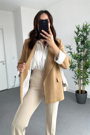 Camel Keten Astarlı Çizgi Detaylı Blazer Ceket