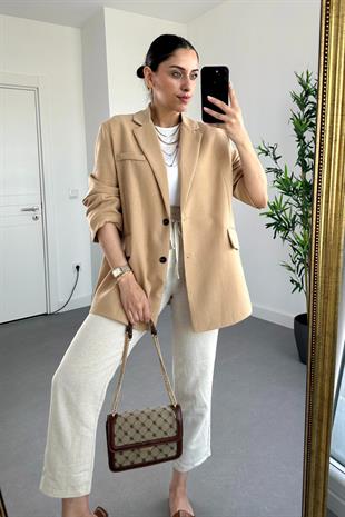 Camel Keten Oversize Düğme Detaylı Blazer Ceket