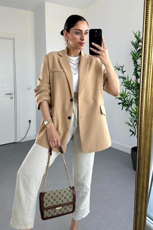 Camel Keten Oversize Düğme Detaylı Blazer Ceket