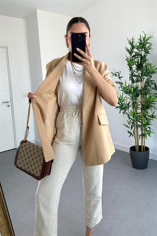 Camel Keten Oversize Düğme Detaylı Blazer Ceket
