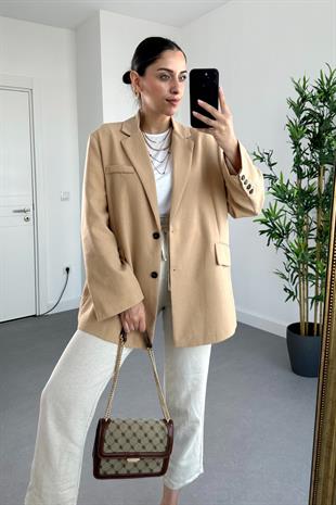Camel Keten Oversize Düğme Detaylı Blazer Ceket