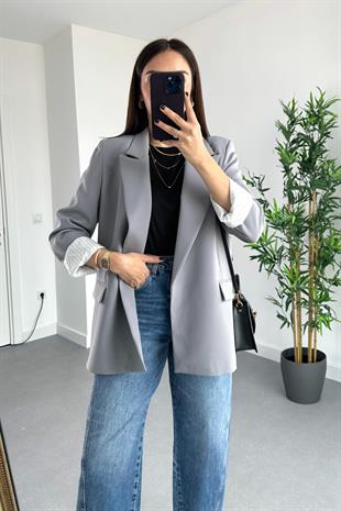 Gigo Gri Çizgili Astar Detaylı Atlas Blazer Ceket