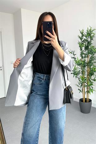 Gigo Gri Çizgili Astar Detaylı Atlas Blazer Ceket
