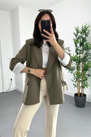 Gigo Haki Çizgili Astar Detaylı Atlas Blazer Ceket