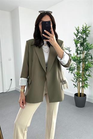 Gigo Haki Çizgili Astar Detaylı Atlas Blazer Ceket