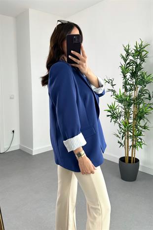 Gigo Lacivert Çizgili Astar Detaylı Atlas Blazer Ceket