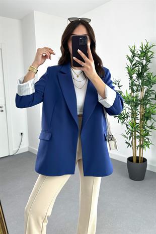 Gigo Lacivert Çizgili Astar Detaylı Atlas Blazer Ceket
