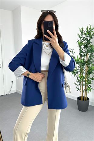 Gigo Lacivert Çizgili Astar Detaylı Atlas Blazer Ceket