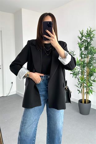 Gigo Siyah Çizgili Astar Detaylı Atlas Blazer Ceket