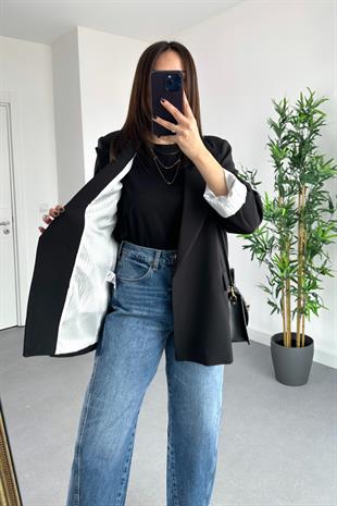 Gigo Siyah Çizgili Astar Detaylı Atlas Blazer Ceket