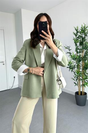 Haki Keten Astarlı Çizgi Detaylı Blazer Ceket