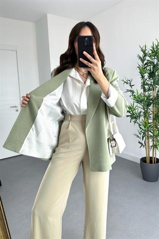 Haki Keten Astarlı Çizgi Detaylı Blazer Ceket