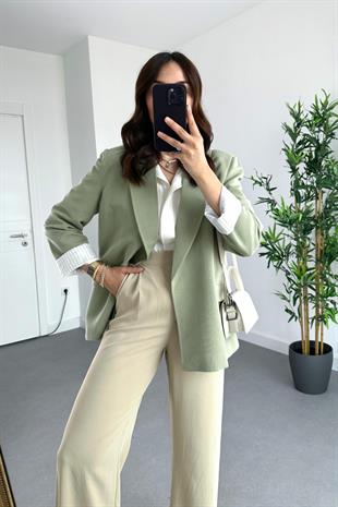 Haki Keten Astarlı Çizgi Detaylı Blazer Ceket