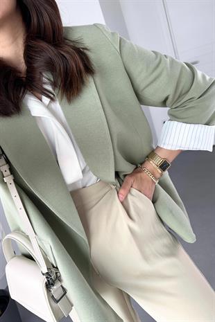 Haki Keten Astarlı Çizgi Detaylı Blazer Ceket