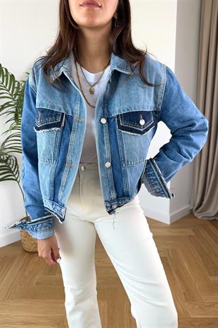 Jeix Mavi Cep ve Çift Renk Detaylı Denim Ceket