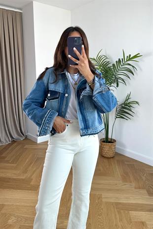 Jeix Mavi Cep ve Çift Renk Detaylı Denim Ceket