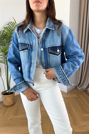 Jeix Mavi Cep ve Çift Renk Detaylı Denim Ceket