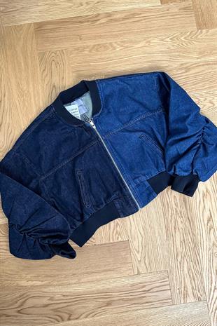 Kontrast Renkli Denim Bomber Ceket