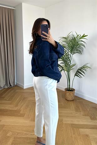 Koyu Lacivert Kapak Cepli Denim Ceket