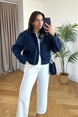 Koyu Lacivert Kapak Cepli Denim Ceket