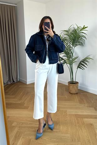 Koyu Lacivert Kapak Cepli Denim Ceket