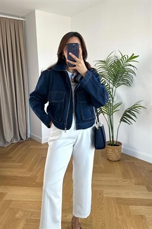 Koyu Lacivert Kapak Cepli Denim Ceket