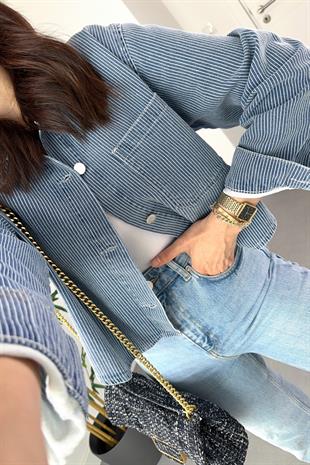 Mavi Çizgi Detaylı Denim Ceket