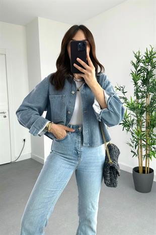 Mavi Çizgi Detaylı Denim Ceket