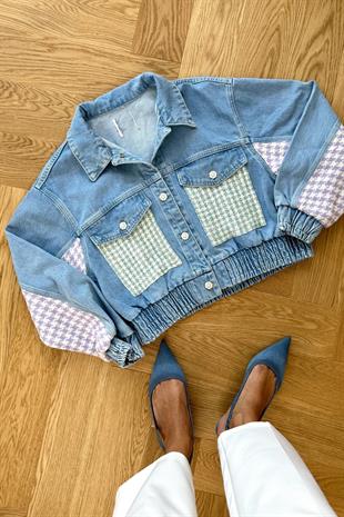 Mavi Düğme ve Kumaş Detaylı Denim Ceket