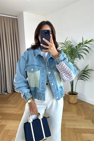 Mavi Düğme ve Kumaş Detaylı Denim Ceket