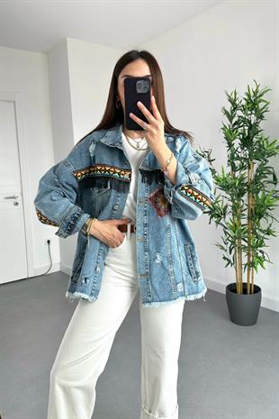 Mavi Etnik Desenli Püsküllü Denim Ceket