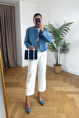 Mavi Yuvarlak Düğme Detaylı Denim Ceket