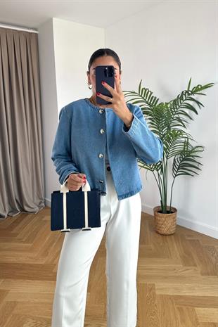 Mavi Yuvarlak Düğme Detaylı Denim Ceket