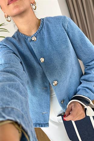 Mavi Yuvarlak Düğme Detaylı Denim Ceket