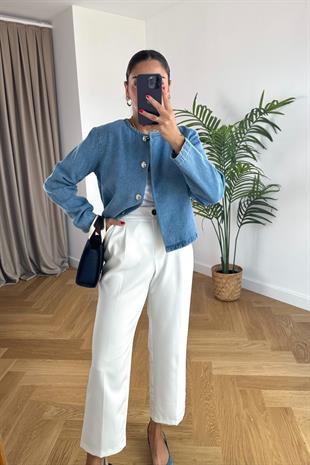 Mavi Yuvarlak Düğme Detaylı Denim Ceket
