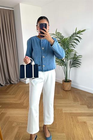 Mavi Yuvarlak Düğme Detaylı Denim Ceket