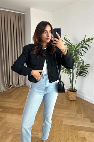 Siyah Geniş Cepli Bomber Ceket