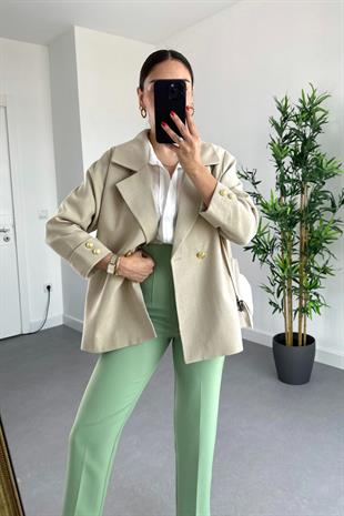Taş Düğme Detaylı Keten Blazer
