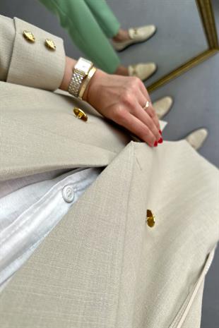 Taş Düğme Detaylı Keten Blazer