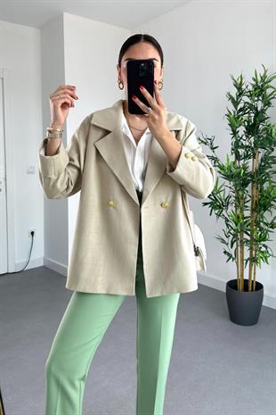 Taş Düğme Detaylı Keten Blazer