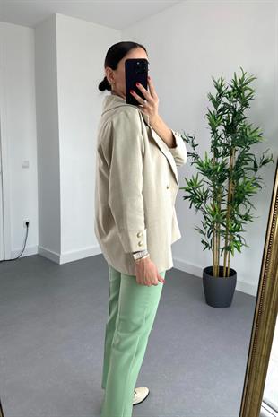 Taş Düğme Detaylı Keten Blazer