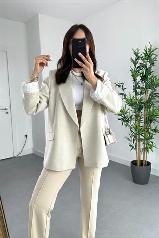 Taş Keten Astarlı Çizgi Detaylı Blazer Ceket