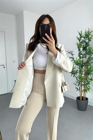 Taş Keten Astarlı Çizgi Detaylı Blazer Ceket