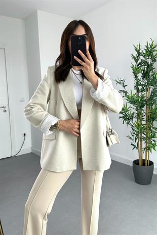 Taş Keten Astarlı Çizgi Detaylı Blazer Ceket